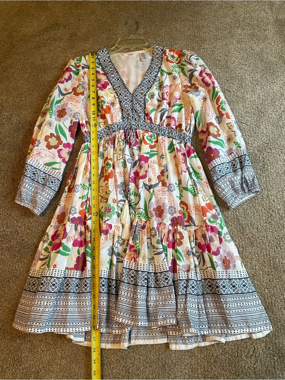 Kaktus Boho Floral Tiered Womens Dress with Blue Trim Size M V Neck Cottagecore - Picture 11 of 12